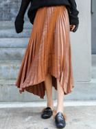Choies Dark Khaki High Waist Asymmetric Hem Pleated Midi Skirt