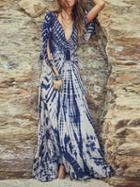 Choies Blue Plunge Folk Print Ruffle Sleeve Chic Women Maxi Dress