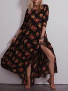 Choies Black Floral Print Long Sleeve Maxi Dress