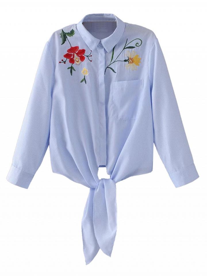Choies Blue Stripe Embroidery Floral Tie Front Long Sleeve Shirt