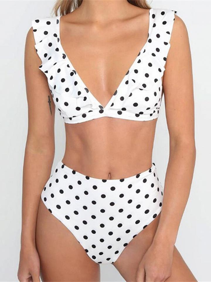 Choies White Polka Dot Ruffle Trim Bikini Top And High Waist Bottom