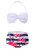Choies White Bow Tie Front Halter Top And Floral Print Bottom Bikini