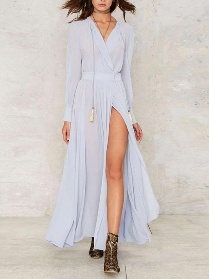 Choies Light Blue Plunge V-neck Long Sleeve Split Maxi Chiffon Dress
