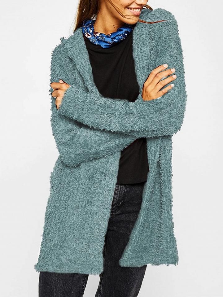 Choies Light Blue Long Sleeve Women Fluffy Hooded Cardigan
