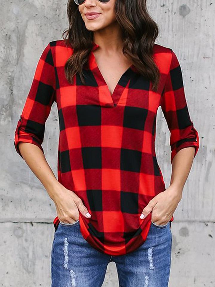 Choies Red Plaid V-neck Blouse