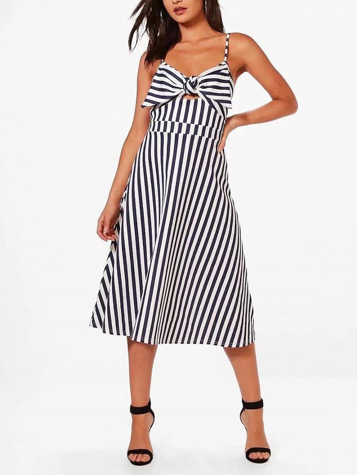 Choies Blue Stripe Bow Front Cut Out Spaghetti Strap Midi Prom Dress