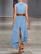 Choies Blue Thigh Split Front Asymmetric Hem Sleeveless Chic Women Maxi Dress