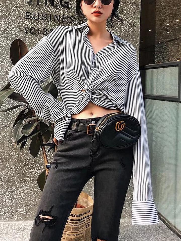 Choies Gray Stripe Knot Front Long Sleeve Crop Shirt