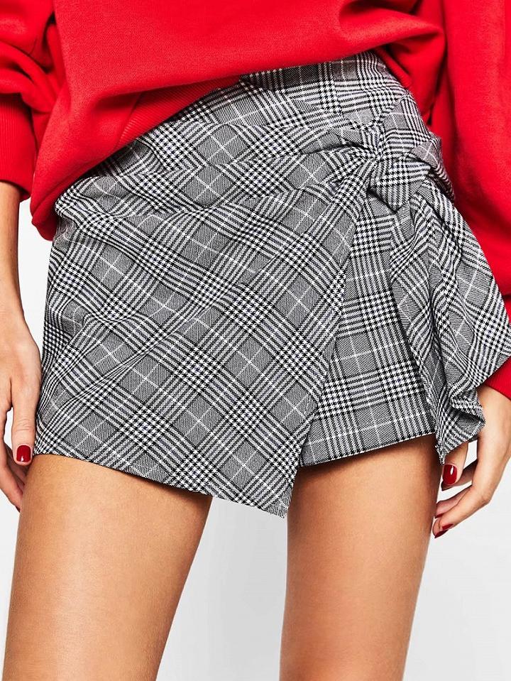 Choies Gray Plaid Knot Asmmetric Wrap Shorts
