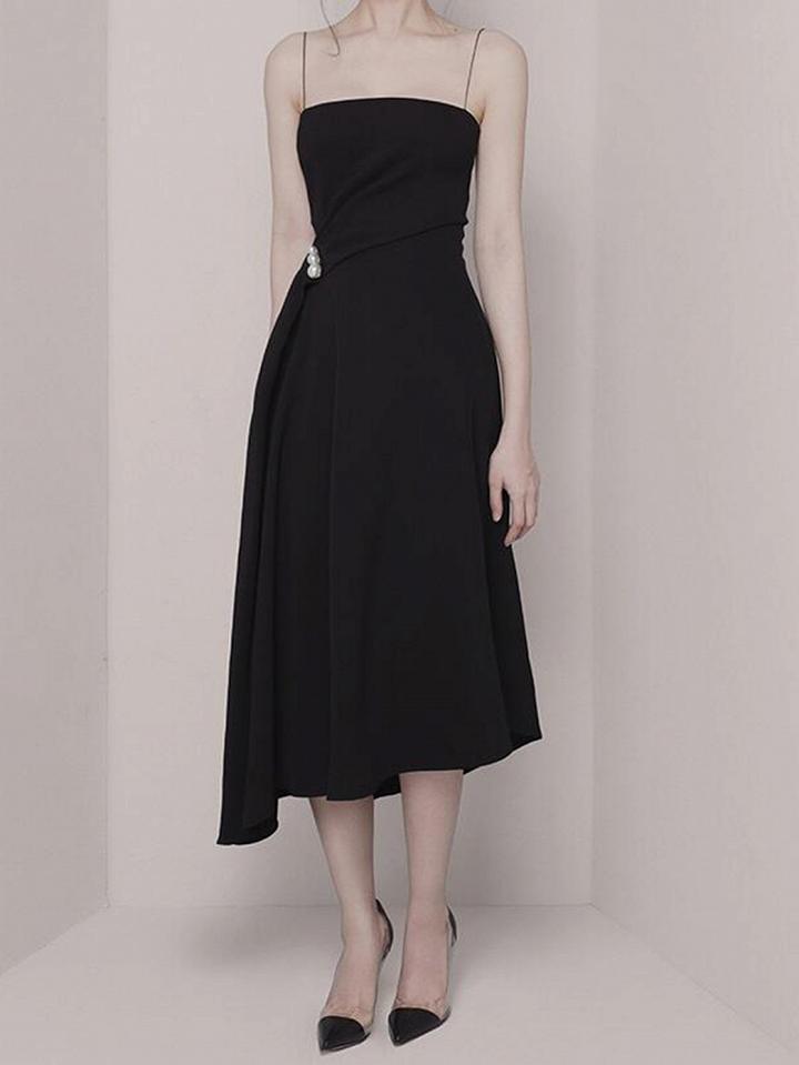 Choies Black Pearl Embellished Asymmetric Hem Chic Women Cami Midi Dress