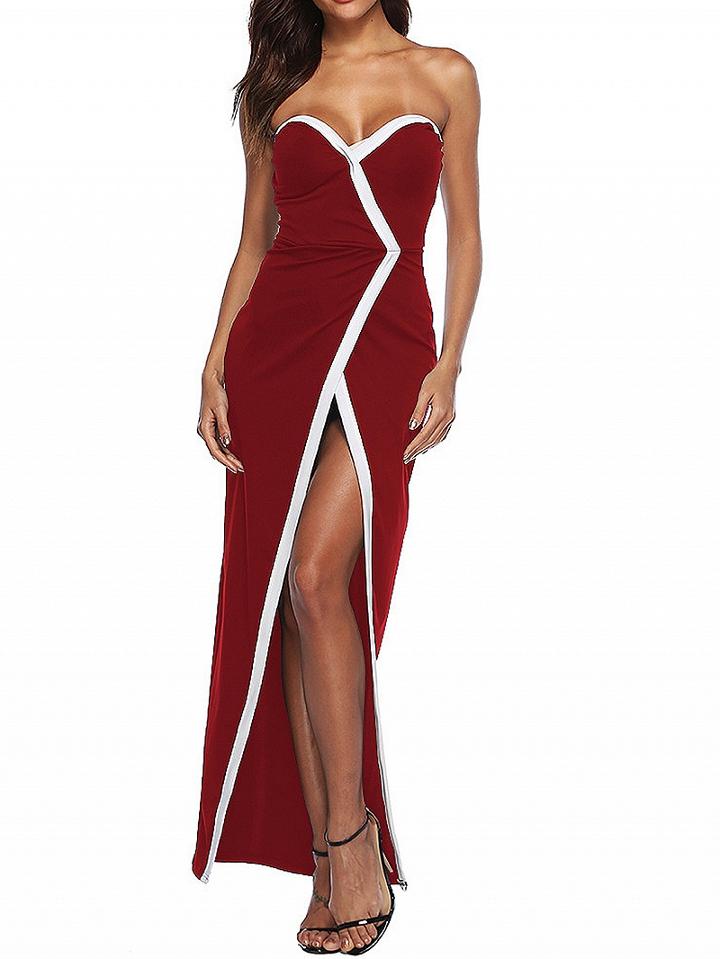 Choies Burgundy Bandeau V-neck Thigh Split Front Maxi Dress