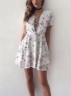 Choies White Floral Plunge Lace Up Front Short Sleeve Mini Dress