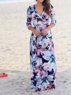 Choies Polychrome V-neck Floral Print Tie Waist Maxi Dress