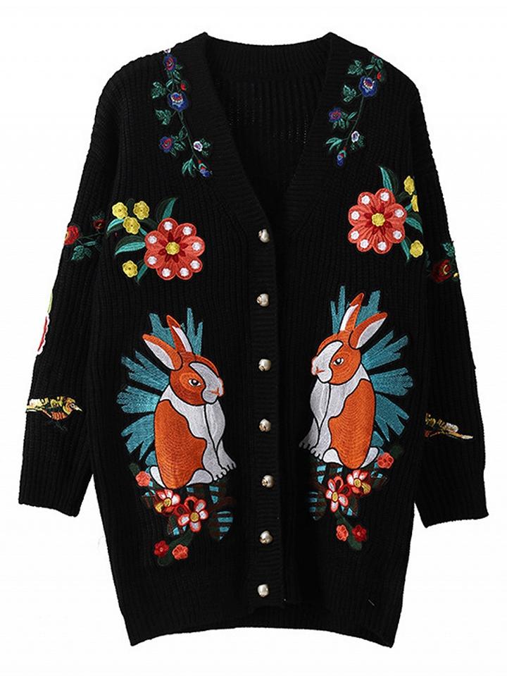 Choies Black Embroidery Button Placket Long Sleeve Cardigan