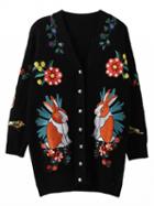 Choies Black Embroidery Button Placket Long Sleeve Cardigan