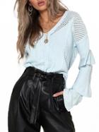 Choies Light Blue V-neck Layered Flare Sleeve Chic Women Knit Sweater