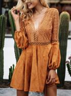 Choies Brown V-neck Backless Lace Top Flare Sleeve Faux Suede Mini Dress