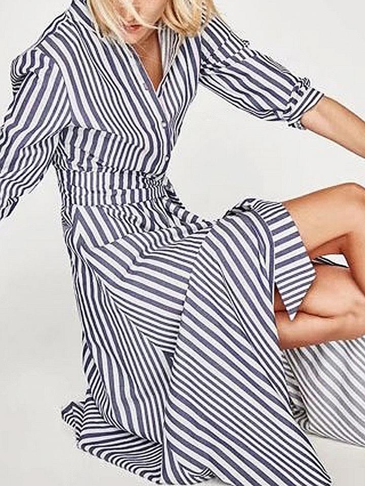 Choies Blue Stripe Lapel Tie Waist Long Sleeve Maxi Dress