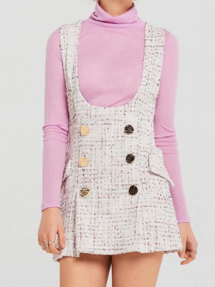 Choies White Plaid Cotton Shoulder Strap Pocket Detail Chic Women Mini Dress