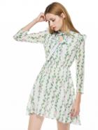 Choies Green Leaves Print Bow Neck Long Sleeve Skater Dress