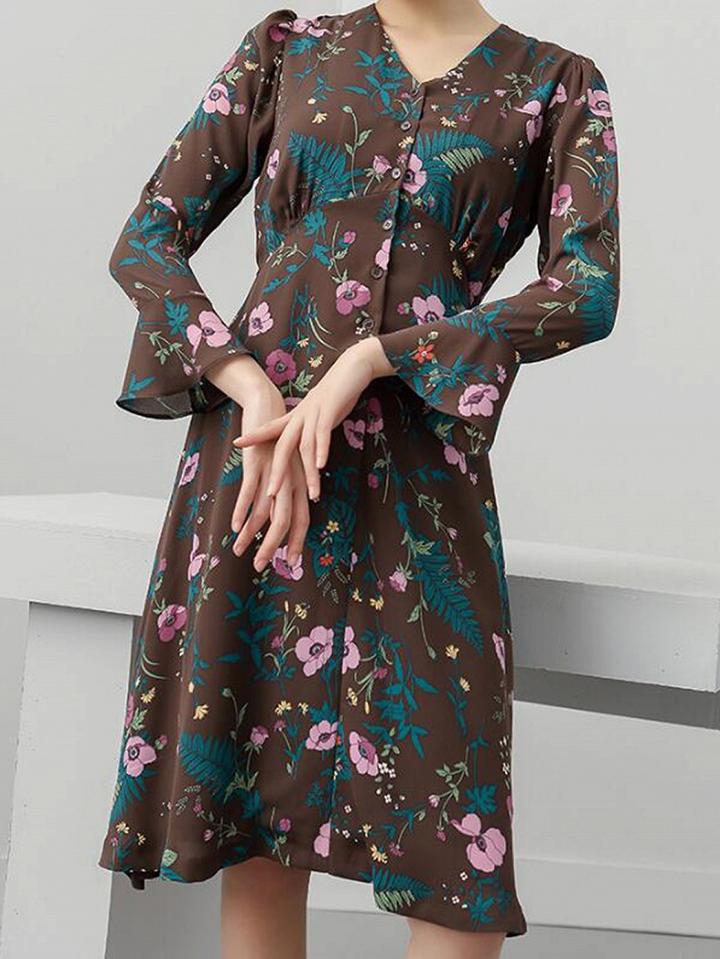 Choies Polychrome Chiffon V-neck Floral Print Flare Sleeve Chic Women Dress