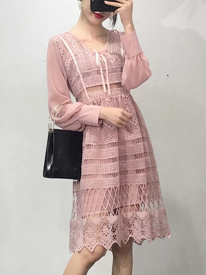 Choies Pink Tie Front Embroidery Cut Out Lace Panel Long Sleeve Dress