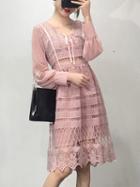 Choies Pink Tie Front Embroidery Cut Out Lace Panel Long Sleeve Dress