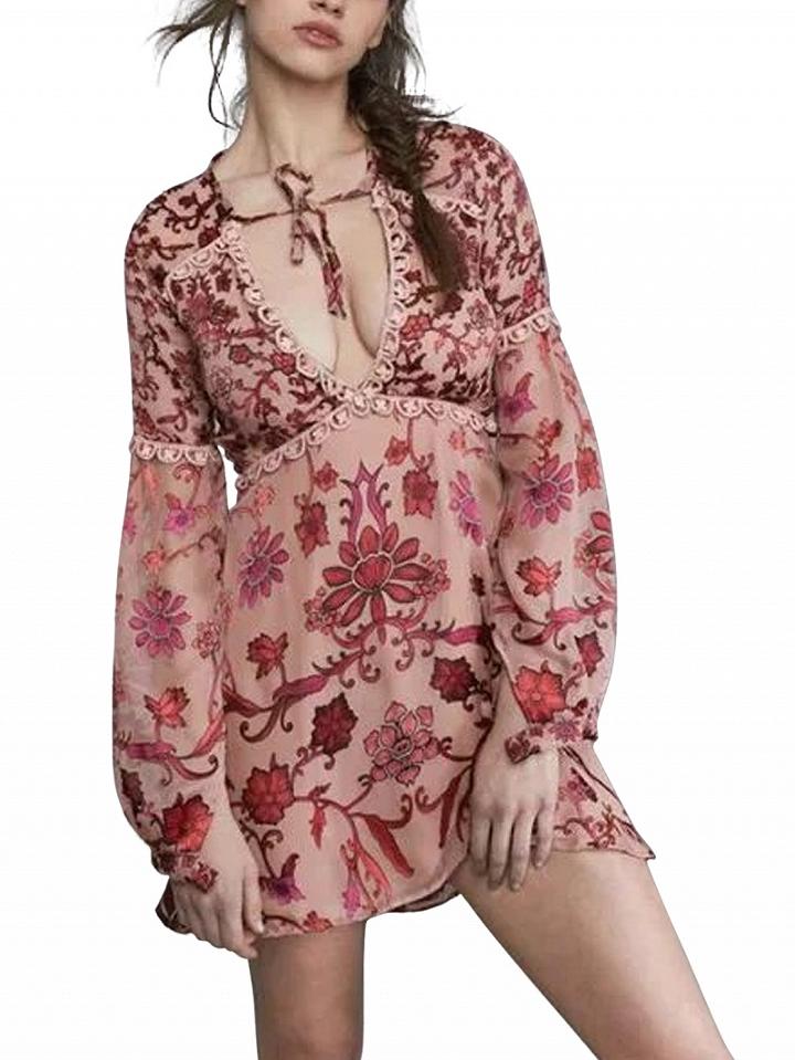 Choies Red Plunge V-neck Tie Front Long Sleeve Mini Dress