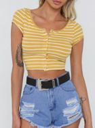 Choies Yellow Stripe Jersey Button Placket Front Chic Women Crop Top
