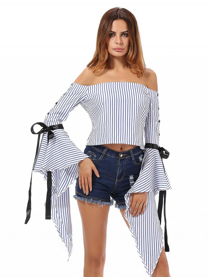 Choies Blue Stripe Off Shoulder Bow Embellished Flared Sleeve Crop Top