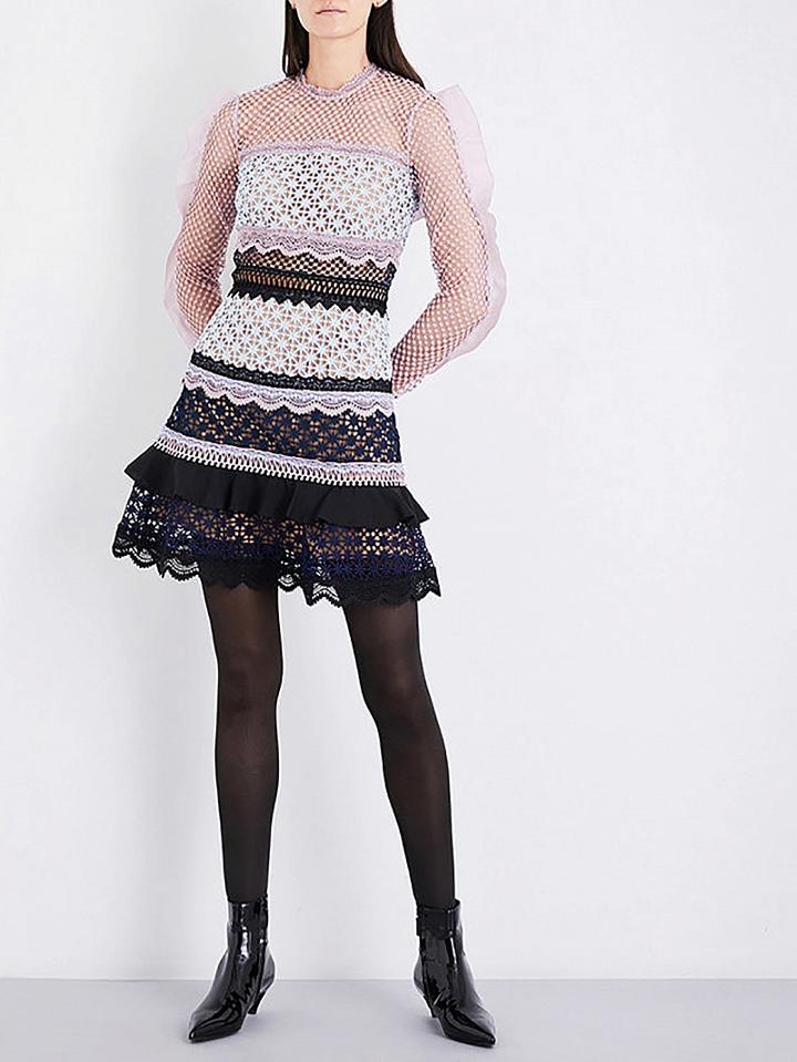 Choies Polychrome Frill Trim Cut Out Guipure Mini Lace Dress