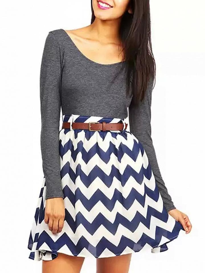 Choies Gray Long Sleeve T-shirt Panel Chevron Print Skirt Dress