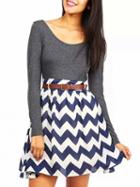 Choies Gray Long Sleeve T-shirt Panel Chevron Print Skirt Dress