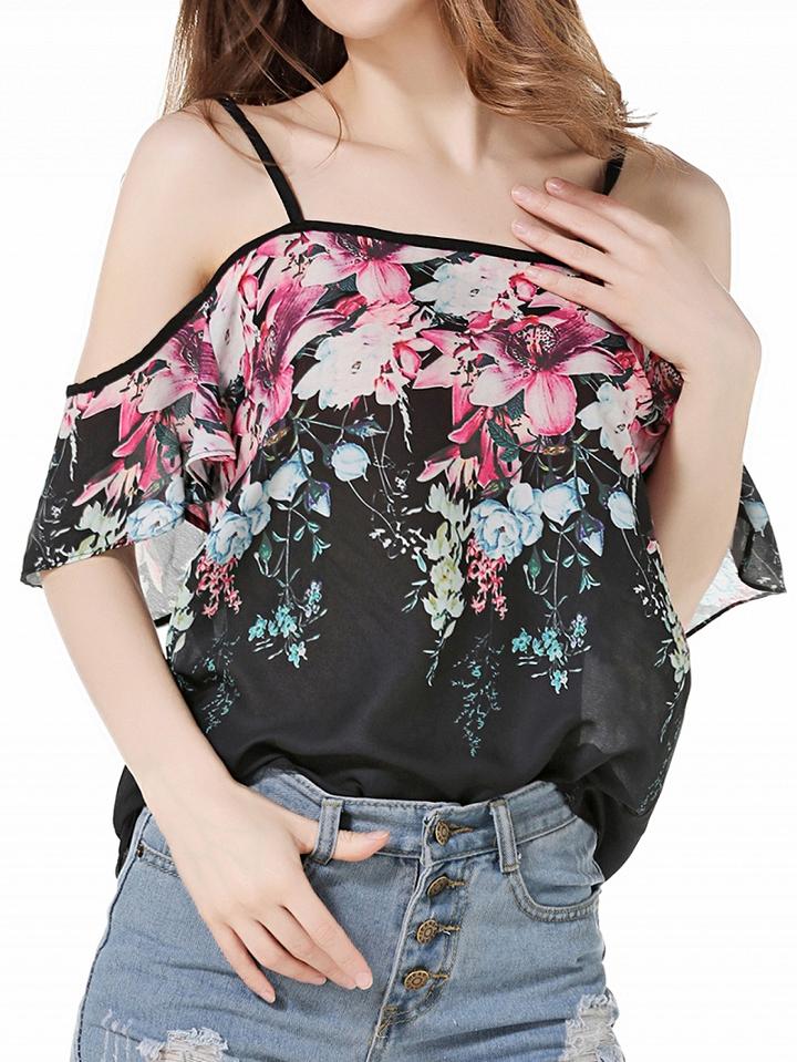 Choies Polyechrome Floral Cold Shoulder Spaghetti Strap Blouse