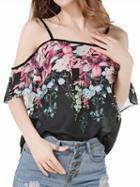 Choies Polyechrome Floral Cold Shoulder Spaghetti Strap Blouse