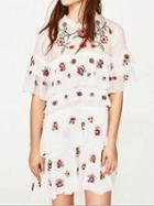 Choies White Sheer Mesh Embroidery Floral Layer Ruffle Tunic Dress