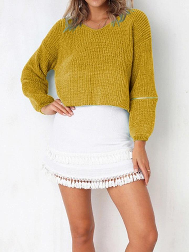 Choies Yellow V-neck Long Sleeve Chic Women Knit Sweater