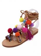 Choies Brown Embroidered Tie Up Pom Pom Detail Flat Sandals