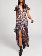 Choies Black V-neck Floral Print Thigh Split Front Maxi Dress
