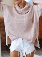 Choies Pink High Neck Pearl Embellished Long Sleeve Women Sweater