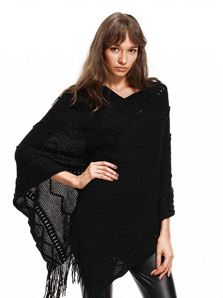 Choies Black V-neck Cable Tassel Hem Knit Poncho