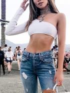 Choies White One Shoulder Long Sleeve Ribbed Crop Top