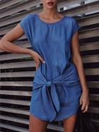 Choies Royal Blue Crew Neck Tie Waist Casual Women Denim Mini Dress