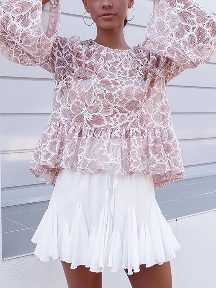 Choies Light Pink Floral Print Ruffle Hem Semi Sheer Top