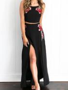 Choies Black Embroidery Floral Cami Crop Top And Split Maxi Skirt