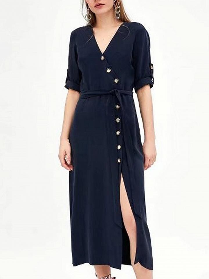 Choies Black V-neck Tie Waist Button Placket Midi Dress