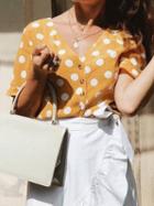 Choies Yellow V-neck Polka Dot Print Button Placket Front Chic Women Shirt