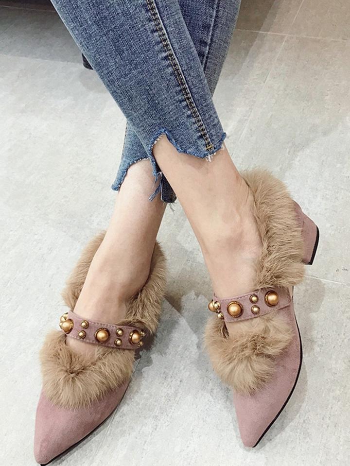 Choies Pink Studs Detail Pointed Toe Women Faux Fur Mid Heeled Shoes