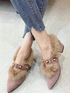Choies Pink Studs Detail Pointed Toe Women Faux Fur Mid Heeled Shoes