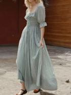 Choies Light Green Cotton Square Neck Ruffle Trim Puff Sleeve Maxi Dress